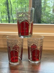 VTG Moroccan Style Tea Glasses Ruby Red Juice Cup 4” Filigree Scroll ARC Set of3