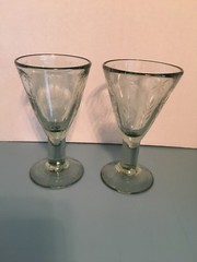 2- HEAVY CLEAR FLORAL/LEAVE PATTERN ETCHED GLASS FOOTED GOBLETS 7″ TALL