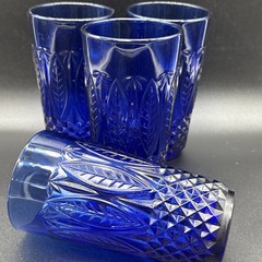 (4) Arcoroc Royal Sapphire Cobalt Blue Beverage Glasses Palm Leaf France 14oz