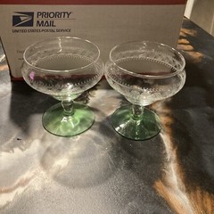 1930s DEPRESSION Glass *NEEDLE ETCHED* Uranium Sherbet, Champagne , Basket Lot