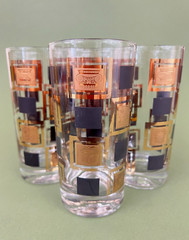 4 Mid Century Gold Plaid Black Square Greek Image Highball Glasses Flat Tumblers