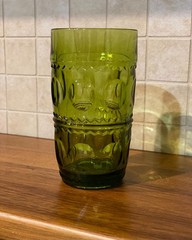 Vintage 1960s Indiana Glass Kings Crown Thumbprint Tumbler Avocado Green MCM