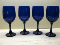 Vintage Libbey Glass Premiere Cobalt Blue (4) Water Goblets Tulip Shaped 7 1/4″