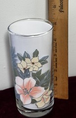 Set of Three Floral Glassware Tumblers with Peach and Yellow Flowers 5″ Vintage