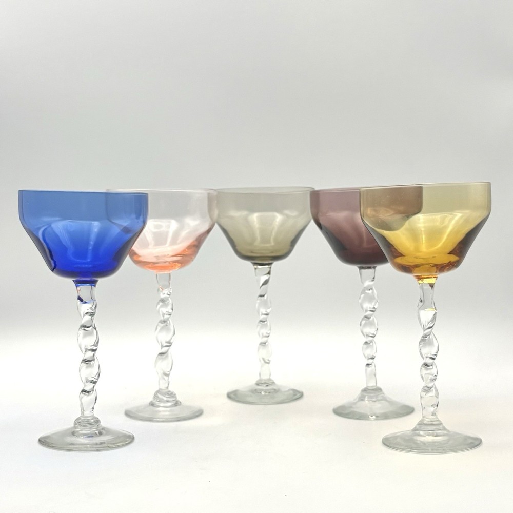 Vintage cordial glasses martini glasses with twisted stems 6.25” Multicolored