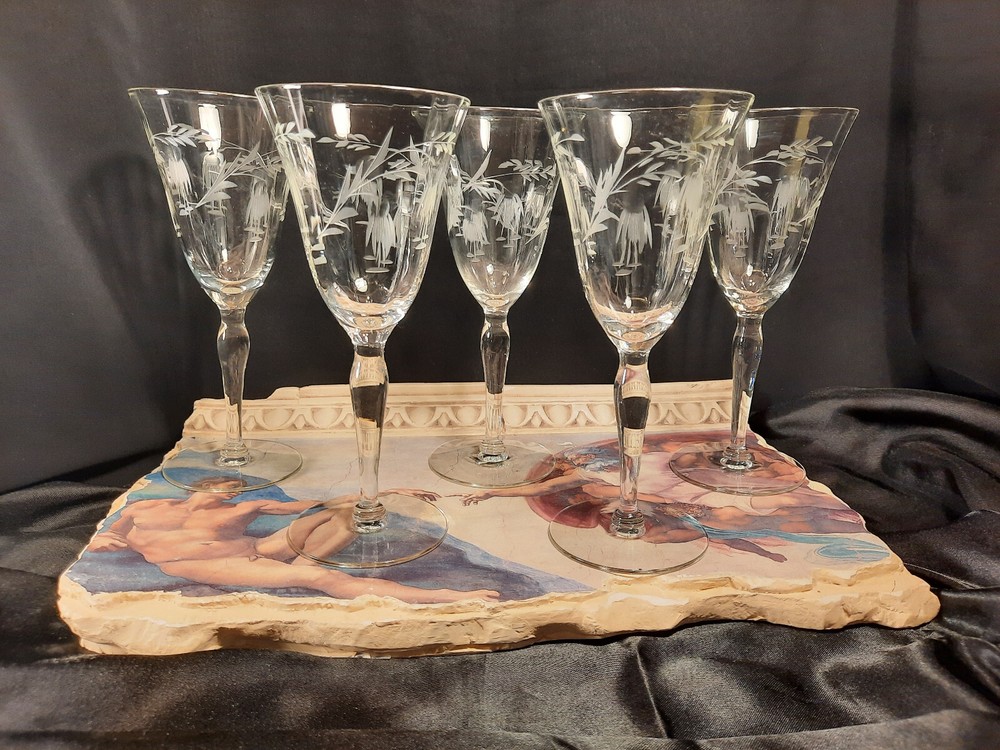5 Vintage Trumpet Optic Rib Water/Wine Glasses Goblets w/Pendant Floral Cut