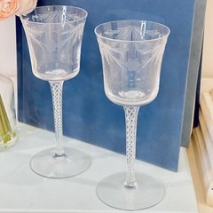 2 Vtg Bucket Air Twist Stem Etched Crystal Wine Chalice Glasses Art Deco Set