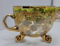 6 ANTIQUE MOSER GLASS 3 FOOTED HANDLED PUNCH CUPS WITH GILT FLORAL AND BERRIES