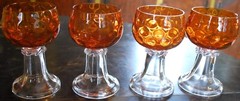 Set 4 Hand Blown ORANGE OPTIC COIN DOT GLASS Water Goblets EMPOLI ITALY 1960s