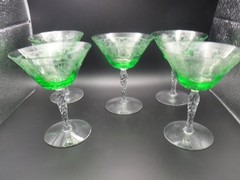 set 5 Fostoria Versailles LIQUOR COCKTAIL Glass 5″ Green Etched Clear
