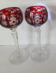 Pair of AJKA MARSALA Ruby Red Cut To Clear 24% PBO Crystal Hock Wine Glasses