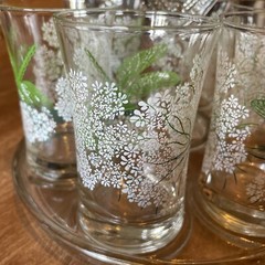 6 Vintage Juice Glasses Dragonfly Queen Anne’s Lace On Glass Holder Carrier