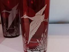 Vintage Anchor Hocking Glass Ruby Royal Wild Geese Cattails Tumbler Set of 5
