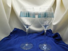 Flashed Blue Band Cut Crystal Wine Glasses Clear Stems 9″ Tall Set of 2 Bar Ware