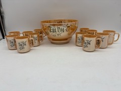 Vintage MCM Fire-King Ware Peach Luster Egg Nog 14 pc Set Bowl/Stand/12 Mugs