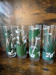 Set Of 4 Vintage 7″ Libbey Tropical Tiki Palm Tree Floral Drinking Glasses