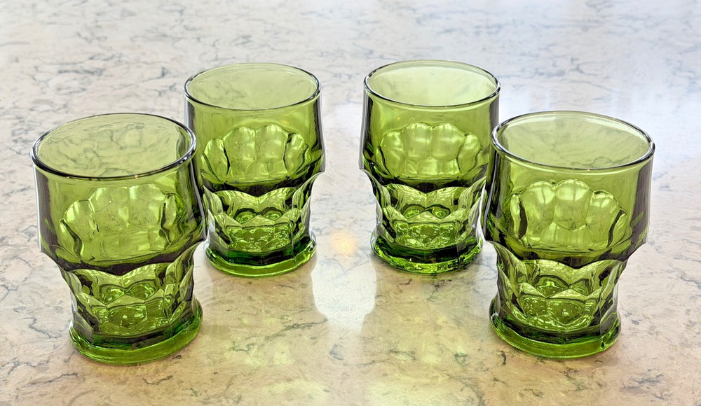 Set of 4 Vintage Viking 4 1/4” Avocado Green Georgian Tumblers Glasses Honeycomb