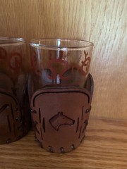 Libbey Bamco Western Highball Glasses 5″ Tooled Leather Sleeves Bull Horse