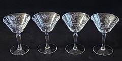 Fostoria Woodland Etched Crystal Coupe Glasses Set 4 USA 1920s