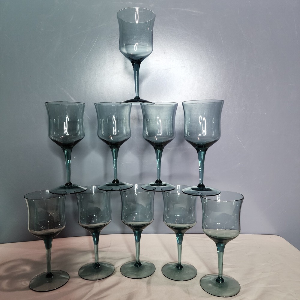10 Vtg Carico Tivoli Blue Wine Glasses 7.25″ MCM Blown Glass Smoky Gray Teal