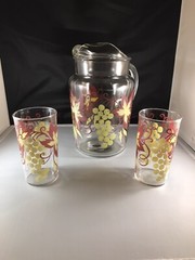 Vintage Retro Brown/Yellow Pitcher/Glasses Set of 2 Grapes and Vine Motif 1950s