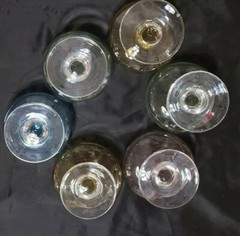 (6) Hand Crafted Etched Crystal Dessert/Cocktail Glasses-Blue/Green/Pink/Yellow