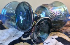 Vintage Blue Iridescent Grape Pattern Goblets Carnival Glass Set