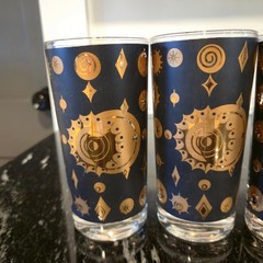 Vintage Fred Press Atomic Sunburst Glasses Black 22K Gold Barware Set MCM 6 cups