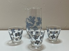 Federal Glass Vintage Clear Cocktail Pitcher Blue Periwinkle Flowers 3 Glasses