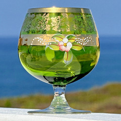 Vintage Hand Painted Green Glass Brandy Snifter Gold Floral Pedestal Goblet