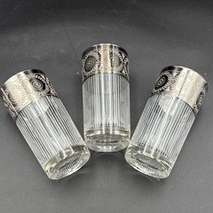Vintage MCM Culver Set Of 3 Silver Rim Highball Glasses Encrusted Striped Design