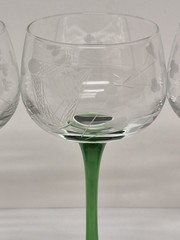 Set Of 3 Duiske Irish Hard Cut Hock Glasses. Etched Harp & Shamrock Green Stem.
