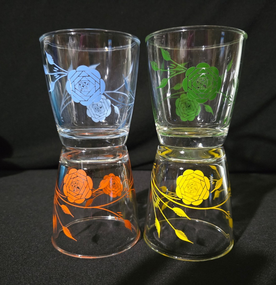 4 Vintage Hazel Atlas Roses Sour Cream Glasses – 1/2 Pint