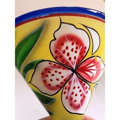 Pair Hand Painted Floral Margarita Glasses Blue Rim Yellow Mexican Style Set 2