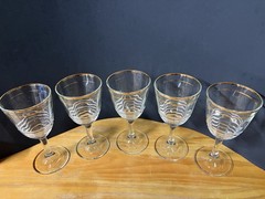 Set of 5 Clear Glass Wine Goblets w/ Gold Rim Decorative 7 in Stemmed