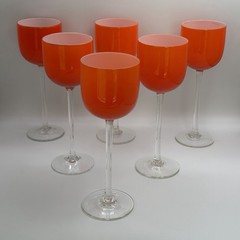 6 Carlo Moretti Orange Red White Cased Tall Wine Glasses Clear Long Stem 9 3/8”
