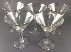 5 RADIO BAR STYLE MULTI PLATINUM BANDS ART DECO MARTINI GLASSES 5 1/4″ UNK1178