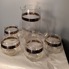 Vintage MCM Glass Decanter & 4 Petite Tumblers Set, Thick Silver Band, Roly Poly