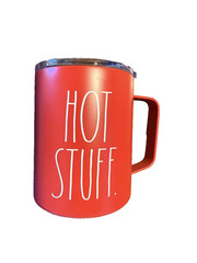 Rae Dunn Hot Stuff Red Stainless Steel Mug 12oz Double Wall Lid Coffee Tea Cup