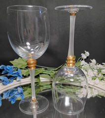 2 White Frost Stem, Triple Gold Lozenge Crystal Wine Glasses Pair Set