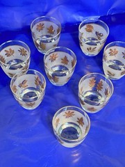 Set of 8 Libbey Golden Foliage Lowball Glasses Gold Rim Frosted 3” 1953-1978