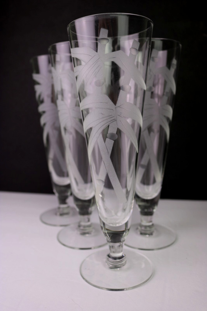Federal Glass Frosted Bamboo & Leaves 4 Pilsner Glasses 8.5 » MCM