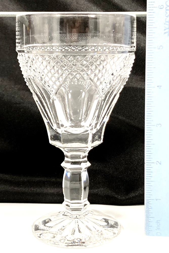 Vtg Crystal Diamond Crosshatch Cut Panel Star Base Wine Glass Goblet 5 7/8″ 7 oz
