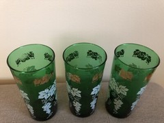 Vintage Anchor Hocking Green Glasses Gold White Leaves Grapes 3 Available To Buy