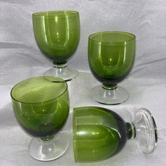 Vintage Green Glass Large Bowl Water Goblets Squat Stems Hand Blown RARE Size