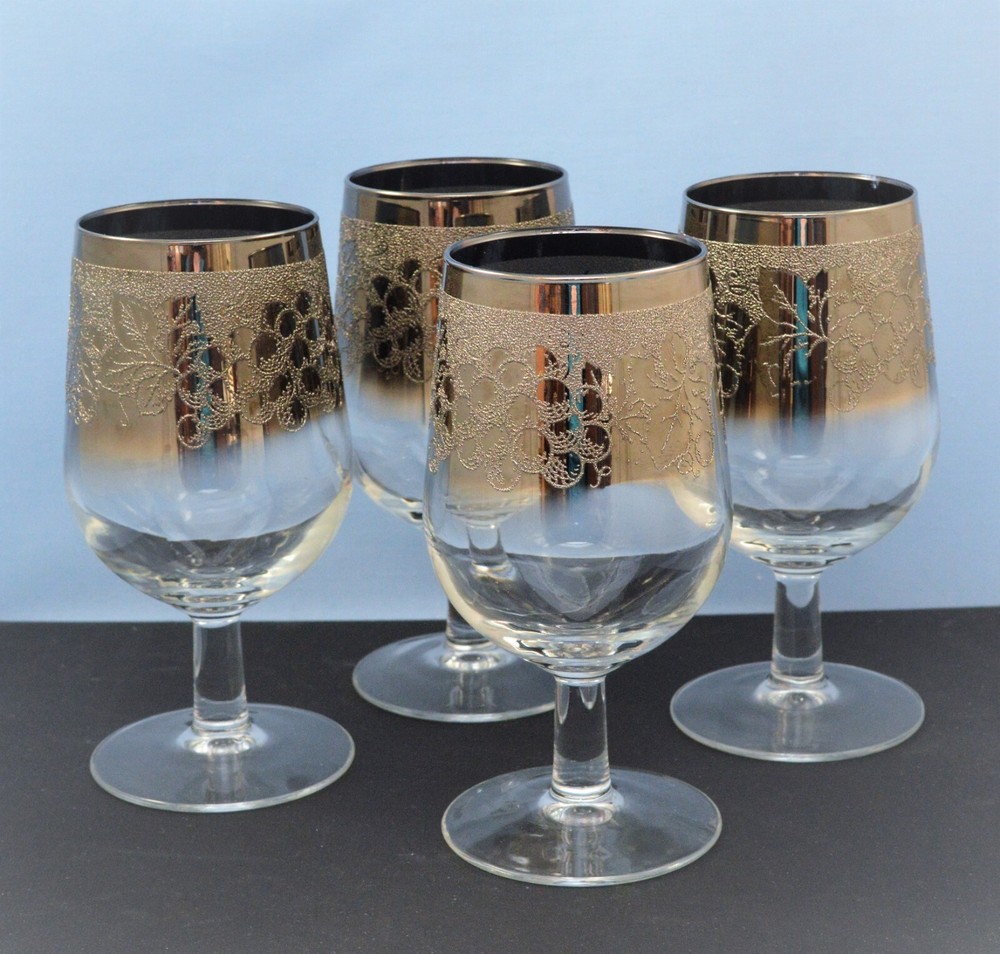 VINTAGE FRANCE RETRO SILVER FADE GLASS 4 WINE GOBLETS DECORATED W/ GRAPES