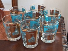 VTG LOT MCM Southern Comfort Libbey Steamboat Whiskey Glasses Turquoise Gold (7)