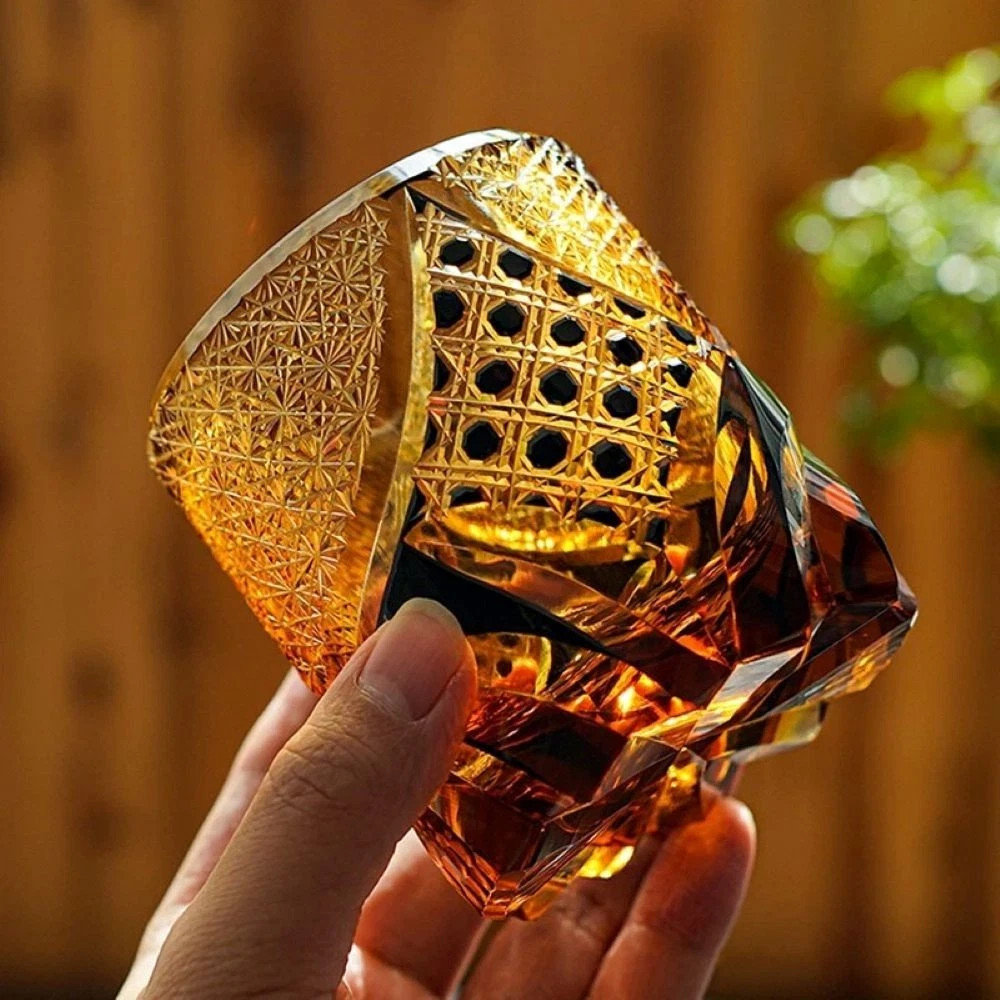 Whiskey Glass Japanese Style Carved Crystal Glasses Edo Kiriko Hand Cut to Clear