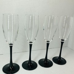 Set of 4 Clear Glass Champagne Flutes with Black Stems, Tapered, Glossy Finish