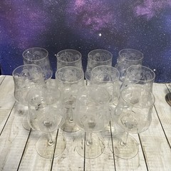 (11) Antique Vintage Cambridge Marjorie Fuchsia Etched Glass Wine Water Goblets